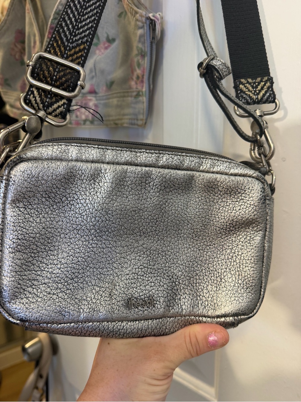 The Sak Metallic Silver Crossbody with Patterned Strap